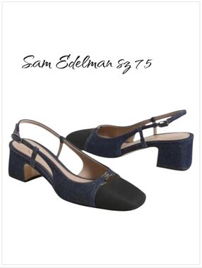 NWT Sam Edelman Black/ Blue Denim Block Heels Shoes sz 7.5
